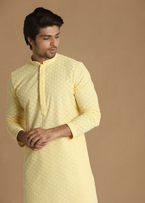 Light Yellow Chikankari Kurta Pajama image number 2